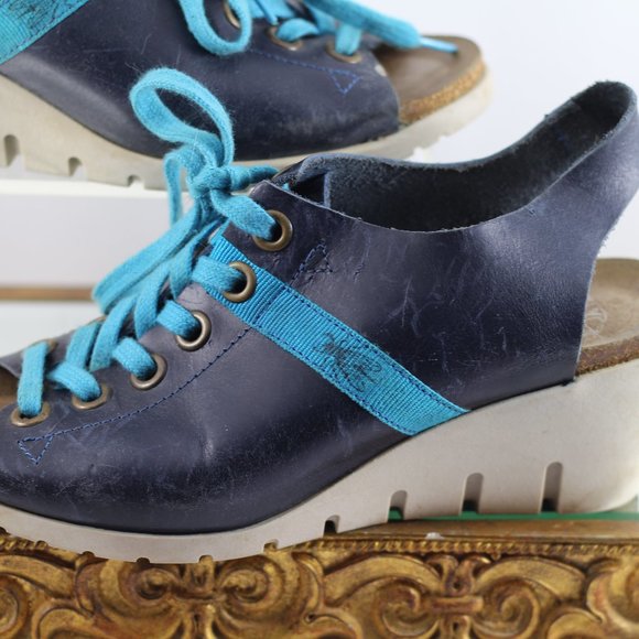 Vintage Fly Girl Blue Leather Peep Toe Wedges - Picture 7 of 15